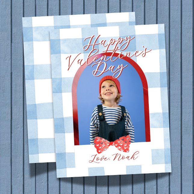 Happy Valentine's Day Arch Photo Blue Gingham Card Julkort (Send heart day greetings with this Happy Valentine's Day Arch Photo Blue Gingham Holiday Card! )