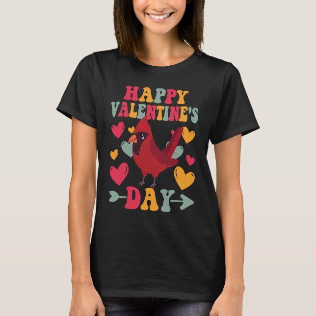 Happy Valentines Day Cardinal Heart Love Groovy T Shirt (Framsida)