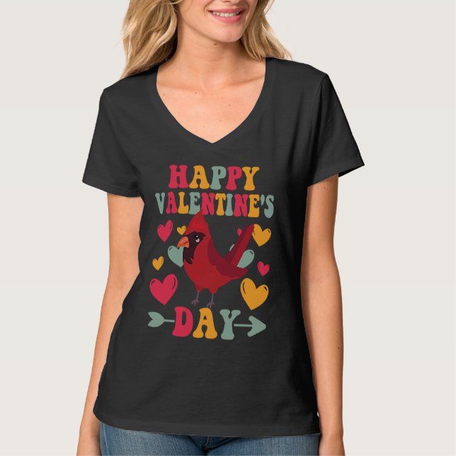 Happy Valentines Day Cardinal Heart Love Groovy T Shirt (Framsida)