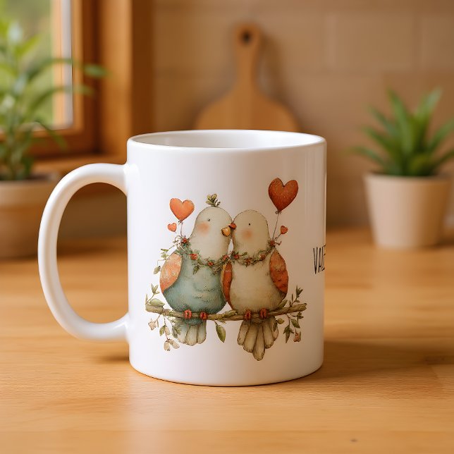 Happy Valentine's Day Charming Love Birds Kaffemugg (Skapare uppladdad)