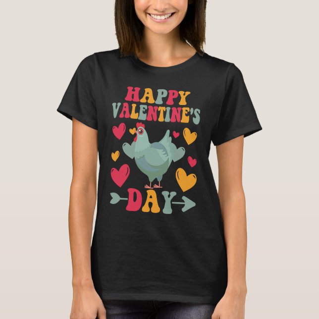 Happy Valentines Day Chickens Heart Love Groovy T Shirt (Framsida)