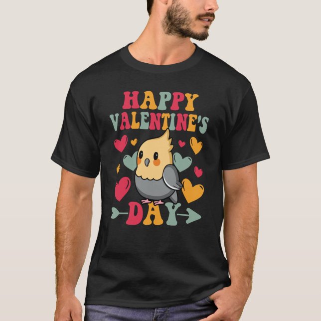 Happy Valentines Day Cockatiel Heart Love Groovy T Shirt (Framsida)