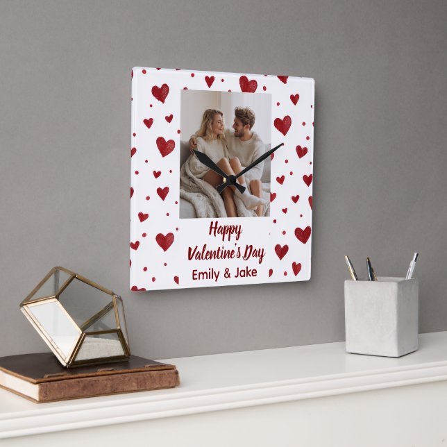 Happy Valentine's Day Custom Photo Wall Clock Fyrkantig Klocka (Kontor)
