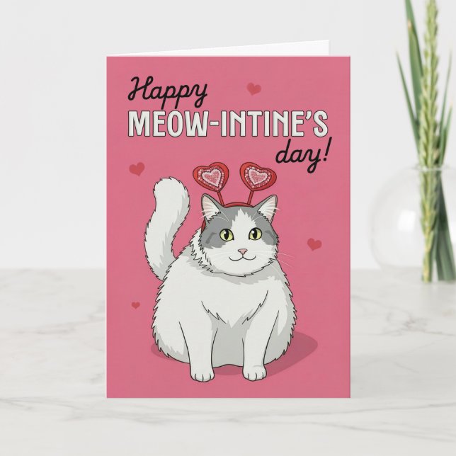 Happy Valentines Day Cute Cat With Heart Headband Helgkort (Framsida)