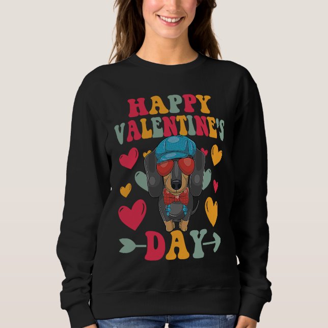 Happy Valentines Day Dachshund Heart Love Groovy T Shirt (Framsida)
