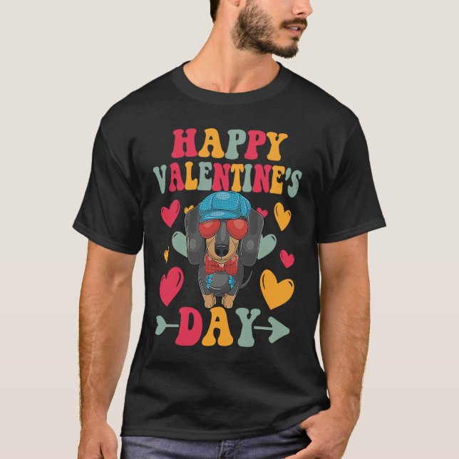 Happy Valentines Day Dachshund Heart Love Groovy T Shirt (Framsida)