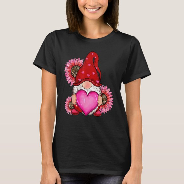 Happy Valentine's Day Gnome with Leopard Sunflower T Shirt (Framsida)