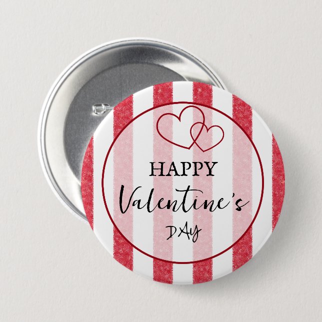 Happy Valentine's Day Heart Stripes Button Knapp (Framsida & baksida)