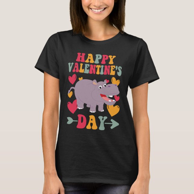 Happy Valentines Day Hippo Heart Love Groovy T Shirt (Framsida)