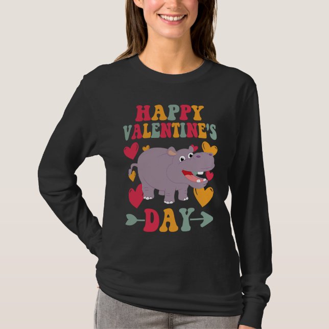 Happy Valentines Day Hippo Heart Love Groovy T Shirt (Framsida)