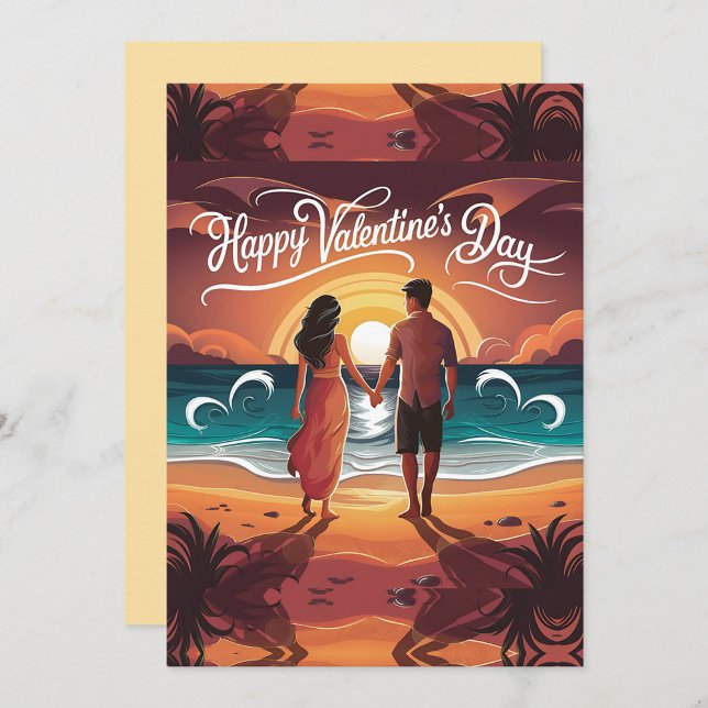 Happy Valentines Day  Julkort (A romantic scene unfolds as a couple stands hand in hand on a sunlit beach.)