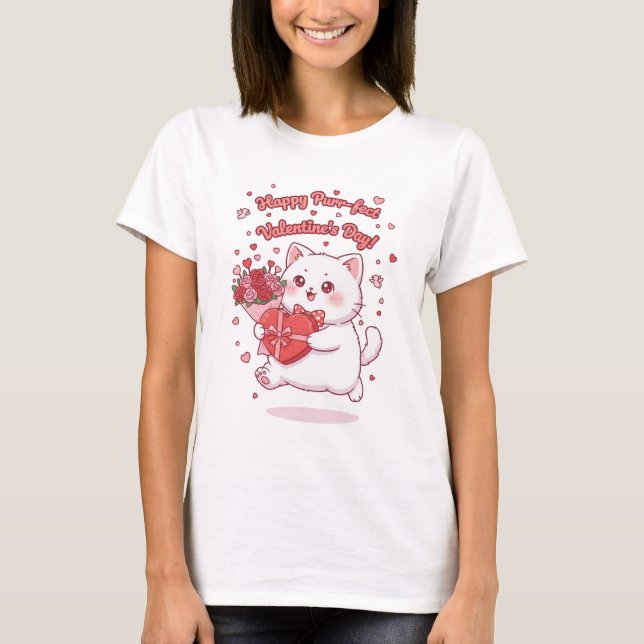 Happy Valentine's Day Kawaii Cat T-Shirt (Framsida)