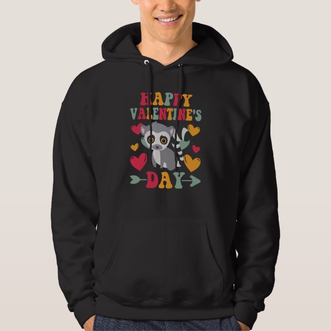 Happy Valentines Day Lemur Heart Love Groovy Hoodie (Framsida)