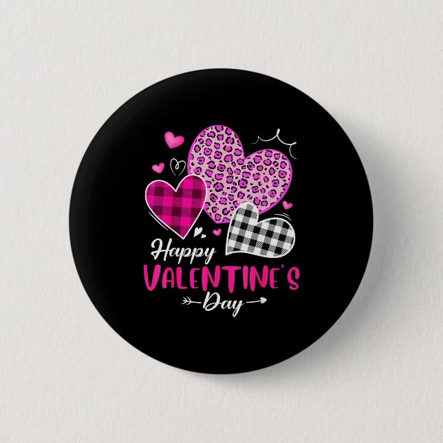 Happy Valentine's Day Leopard And Plaid Hearts Gir Knapp (Framsida)