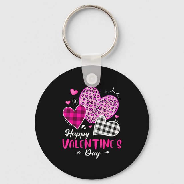 Happy Valentine's Day Leopard And Plaid Hearts Gir Nyckelring (Framsida)
