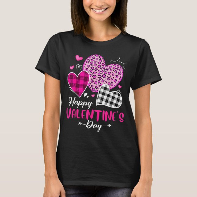 Happy Valentine's Day Leopard And Plaid Hearts Gir T Shirt (Framsida)