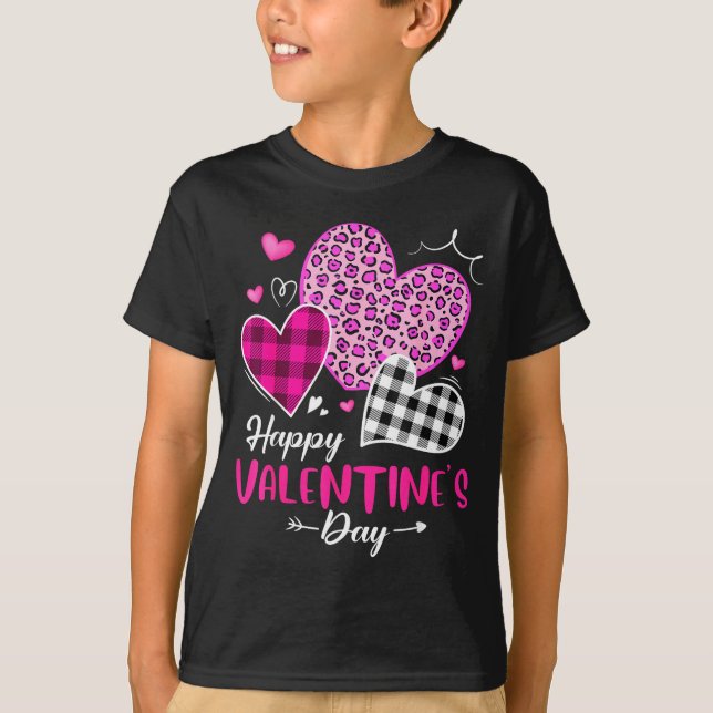 Happy Valentine's Day Leopard And Plaid Hearts Gir T Shirt (Framsida)
