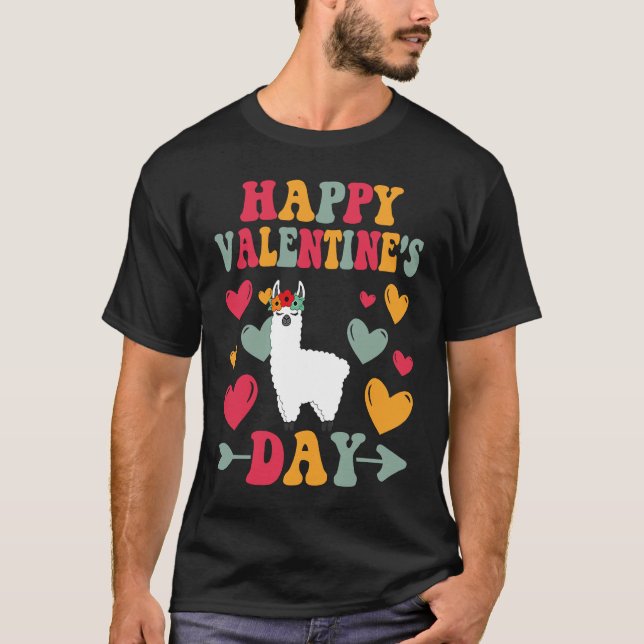 Happy Valentines Day Llama Heart Love Groovy T Shirt (Framsida)
