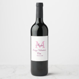 Happy valentine's day monogram pink name love girl vinflaska etikett