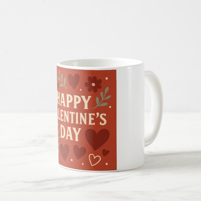 Happy Valentine's Day Mug – Red Hearts & Floral Lo Kaffemugg (Framsida höger)