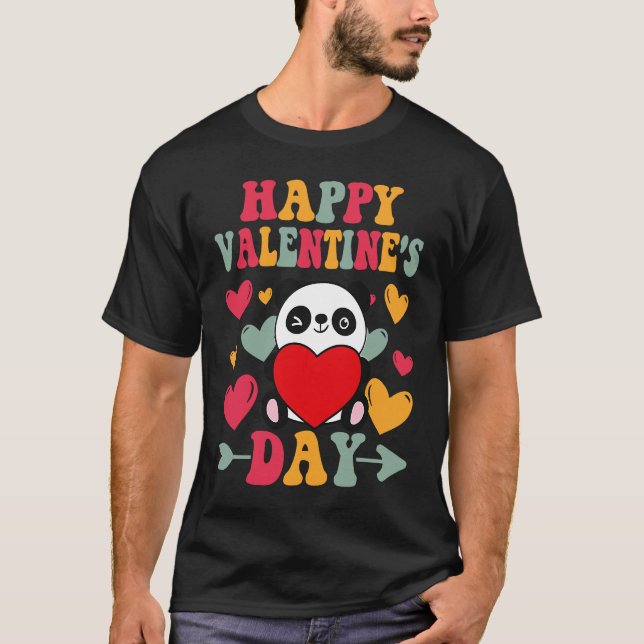 Happy Valentines Day Panda Heart Love Groovy T Shirt (Framsida)