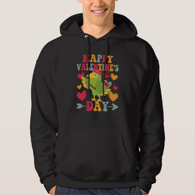 Happy Valentines Day Parrot Heart Love Groovy Hoodie (Framsida)