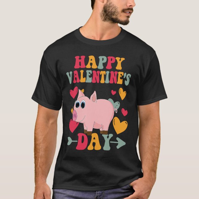 Happy Valentines Day Pig Heart Love Groovy T Shirt (Framsida)