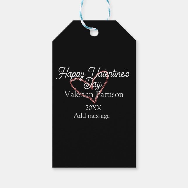 Happy Valentine's day red glitter heart black name Presentetikett (Framsidan)
