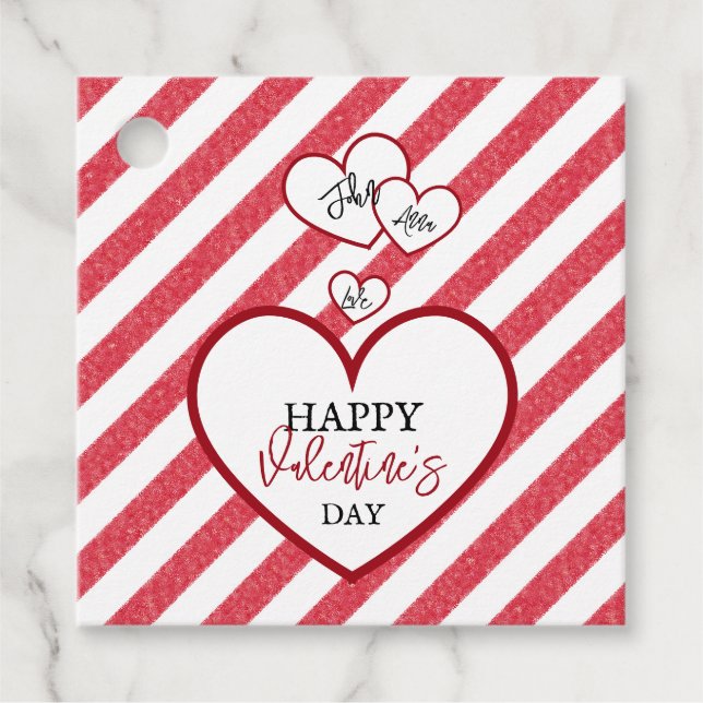 Happy Valentine's Day Red Hearts Chalk Stripes Gåvor Etiketter (Framsida)