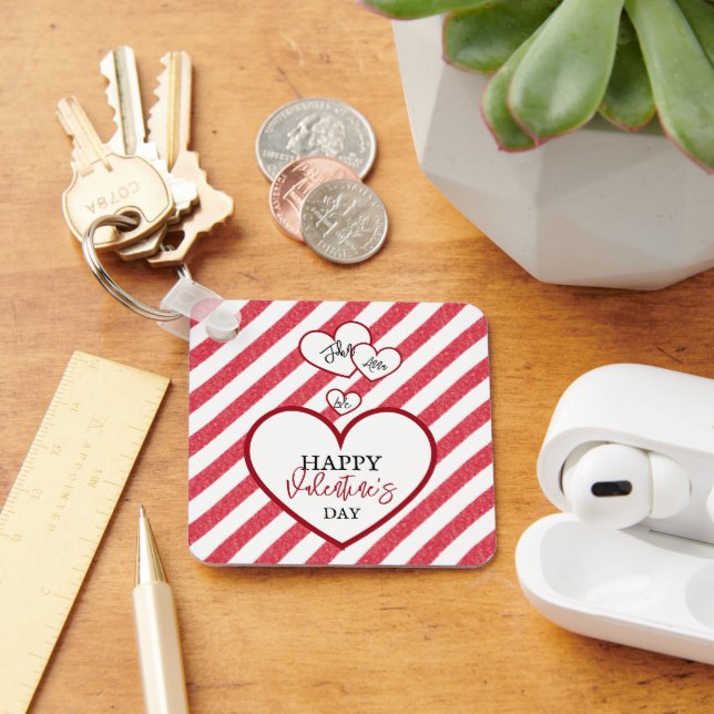 Happy Valentine's Day Red Hearts Chalk Stripes Nyckelring (Skrivbord)