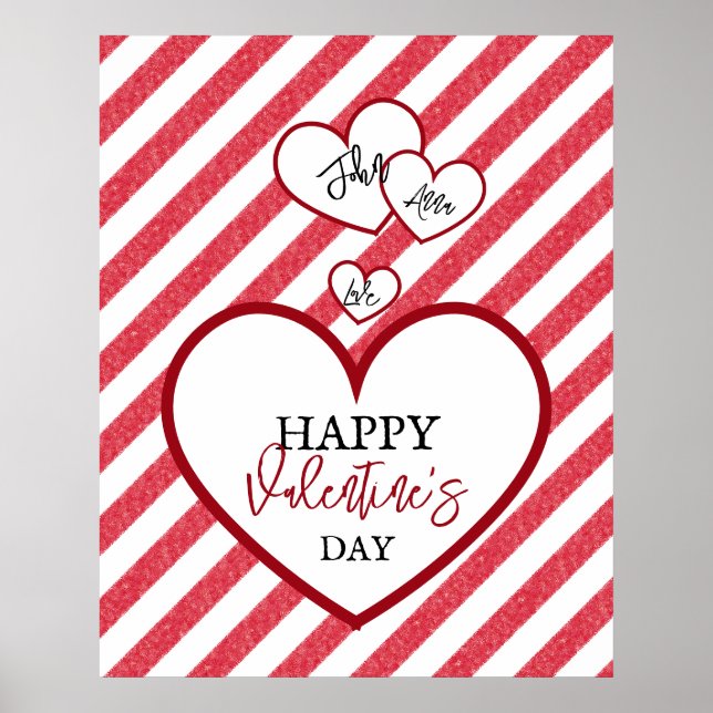 Happy Valentine's Day Red Hearts Chalk Stripes Poster (Framsidan)