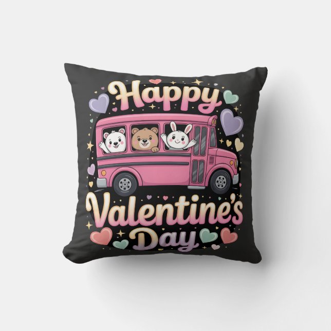Happy Valentine's Day School Bus Kudde (Framsida)