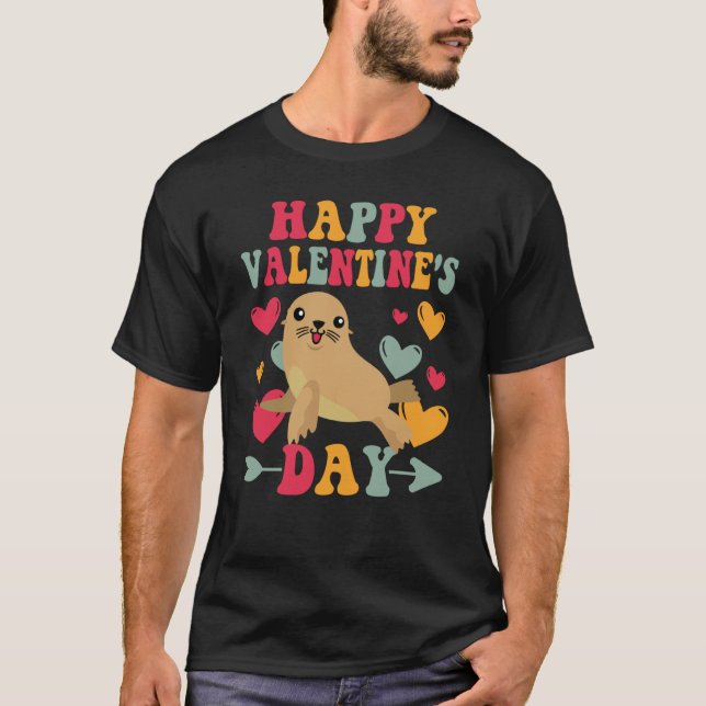 Happy Valentines Day Sea Lion Heart Love Groovy T Shirt (Framsida)