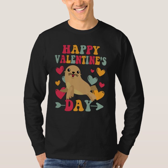 Happy Valentines Day Sea Lion Heart Love Groovy T Shirt (Framsida)
