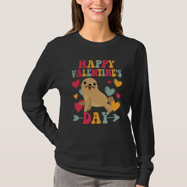 Happy Valentines Day Sea Lion Heart Love Groovy T Shirt (Framsida)