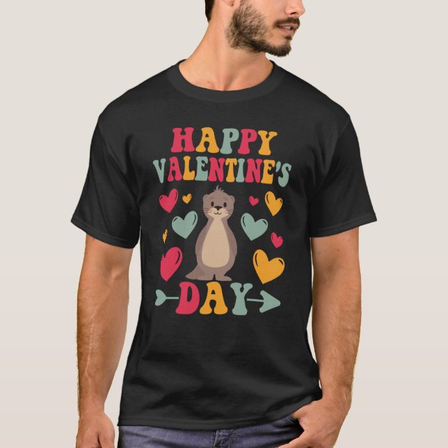 Happy Valentines Day Sea Otter Heart Love Groovy T Shirt (Framsida)