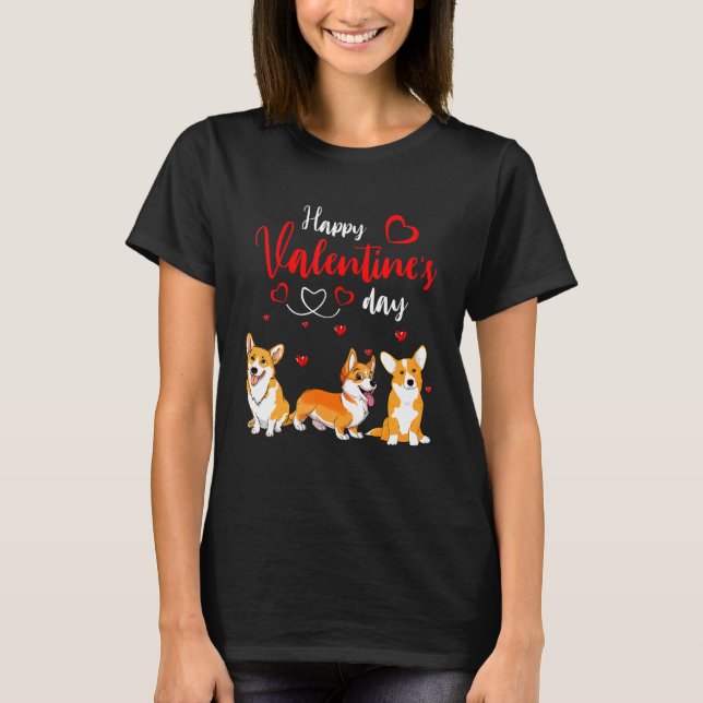 Happy Valentine's Day Three Cute Corgi Dogs Lover  T Shirt (Framsida)