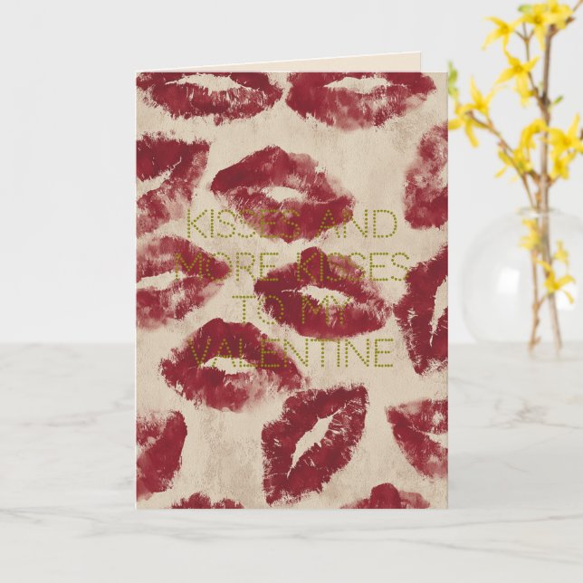 Happy Valentines Red Lipstic Kisses Romantic Love Kort (Gul blomma)