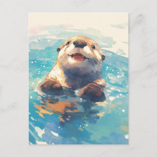 Happy Watercolor Otter Swimming Vykort