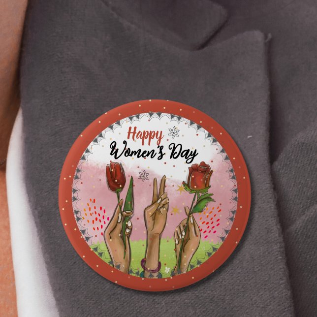 Happy Women's Day Red Button Hands Holding Tulips Knapp (Happy Women's Day Red Button Hands Holding Tulips)