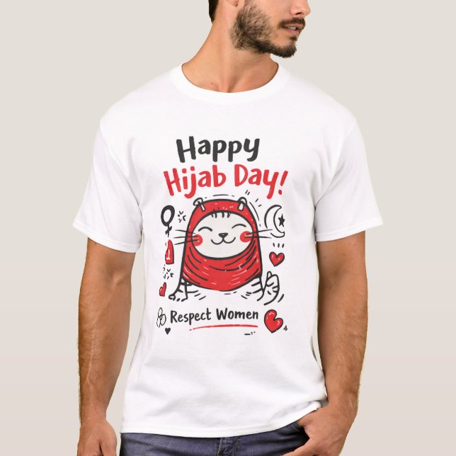 Happy World Hijab Day – Cute Cat Respect Women Des T Shirt (Framsida)