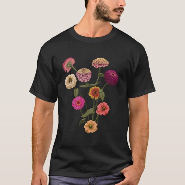 Happy Zinnia Wildflowers Handpainted Style T Shirt (Framsida)