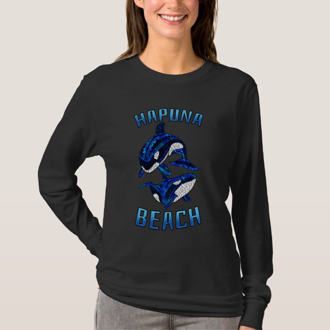 Hapuna Beach Hawaii Vacation Tribal Whale Orca Lon T Shirt (Framsida)