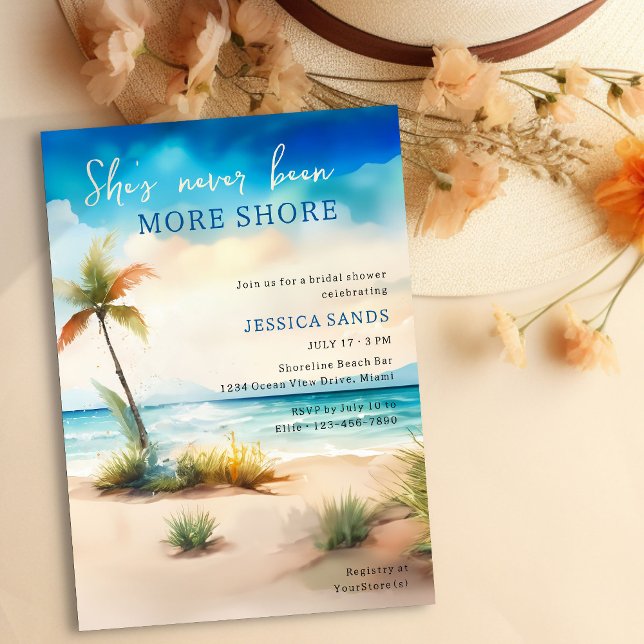 Har aldrig varit mer Möhippa för havsstranden Inbjudningar (Fun Summer Beach Bridal Shower Invitation with watercolor ocean shore)