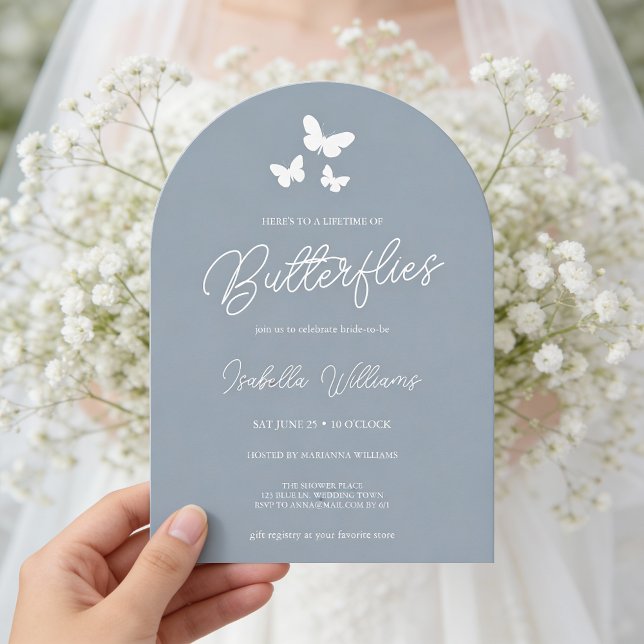 Här är en livslängd för Butterflies Möhippa Inbjudningar (The invitation is shown in a 5x7 inch arch-shaped.. Personalize it for a memorable bridal shower.)
