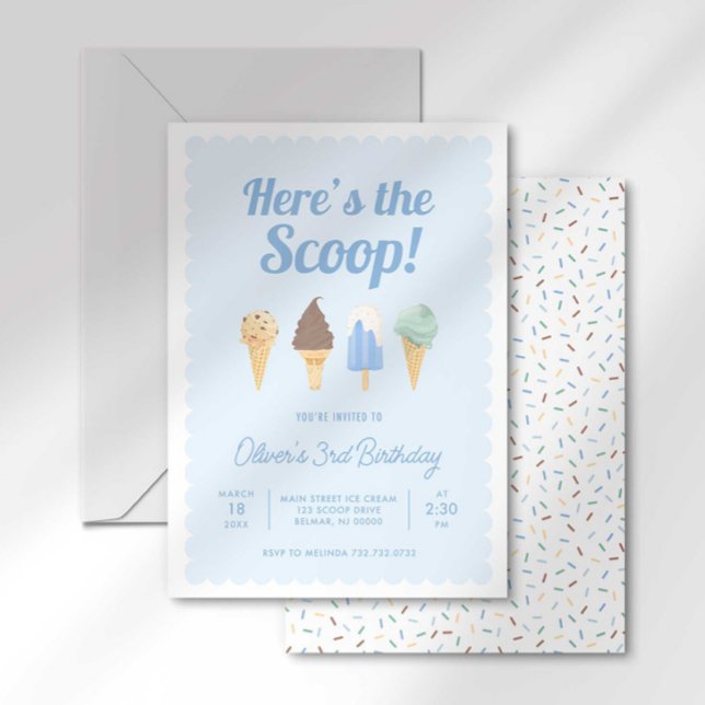 Här är Here's the Scoop Glasskaka Födelsedagsinbju Inbjudningar (Skapare uppladdad)