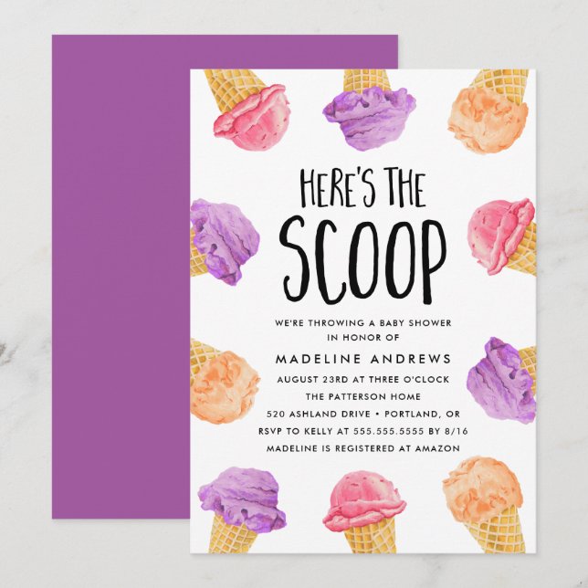 Här är inbjudan till Scoop Ice Cream Baby Shower (Fram/baksida)