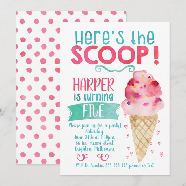 Här är inbjudan till Scoop Ice Cream Birthday (Fram/baksida)