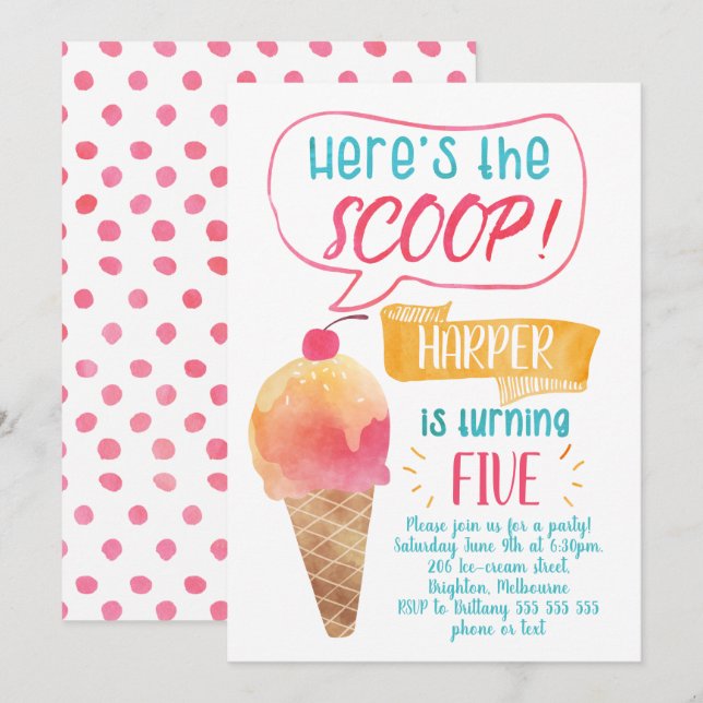 Här är inbjudan till Scoop Ice-Cream födelsedag (Fram/baksida)