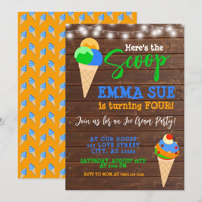 Här är Scoop Boy's Ice Cream Party Birthday Inbjudningar (Fram/baksida)
